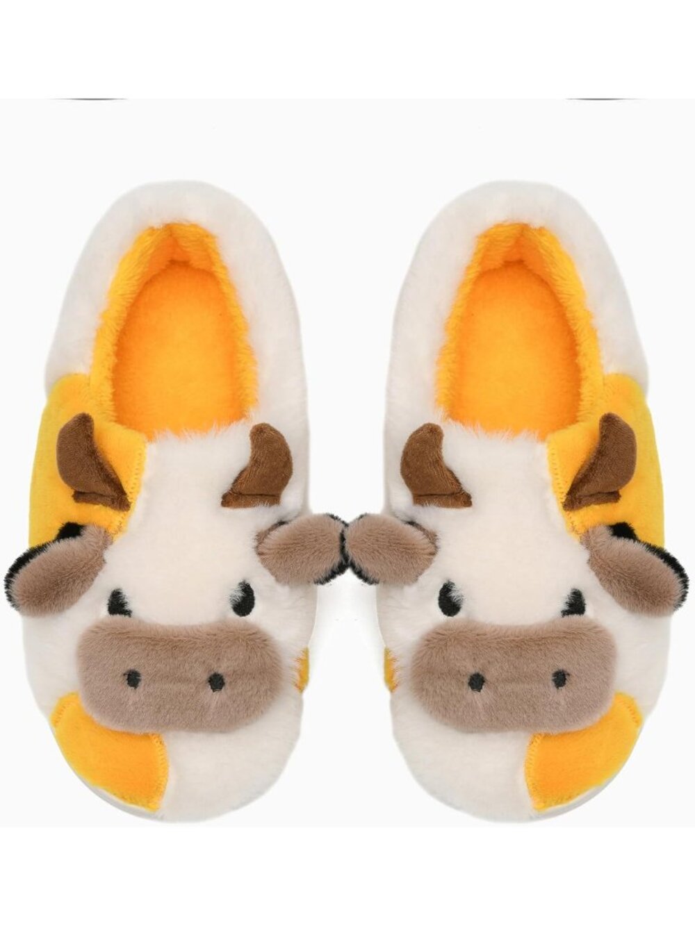 Women's Yellow Fluffy Cute Cozy Cartoon Fuzzy Cow Polyester Indoor Slippers - Picture 3 of 6